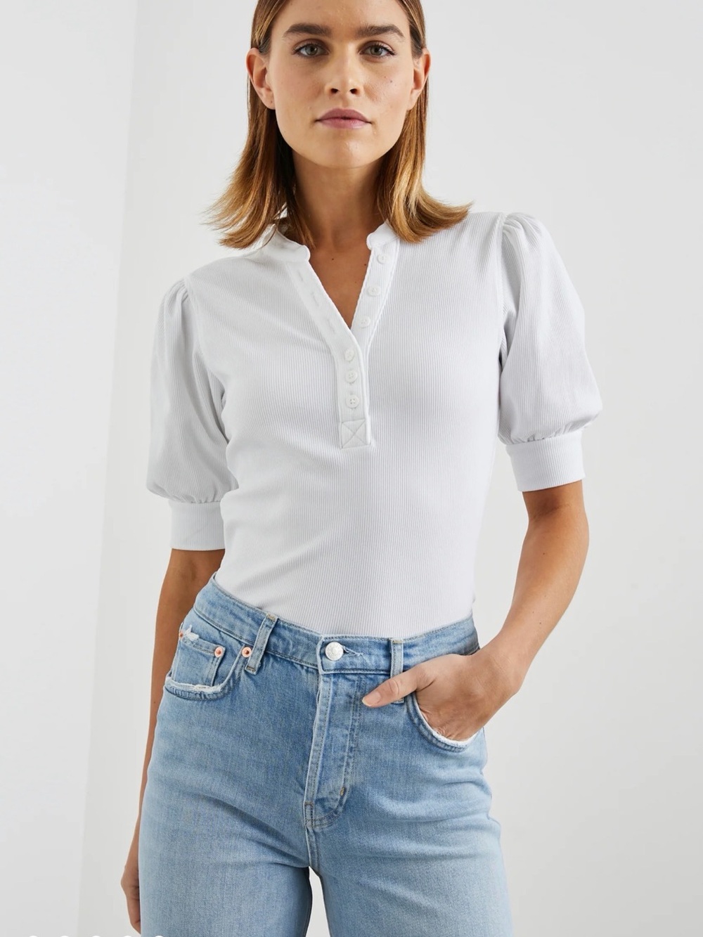 Rails White Ribbed Knit Button-Front Henley S